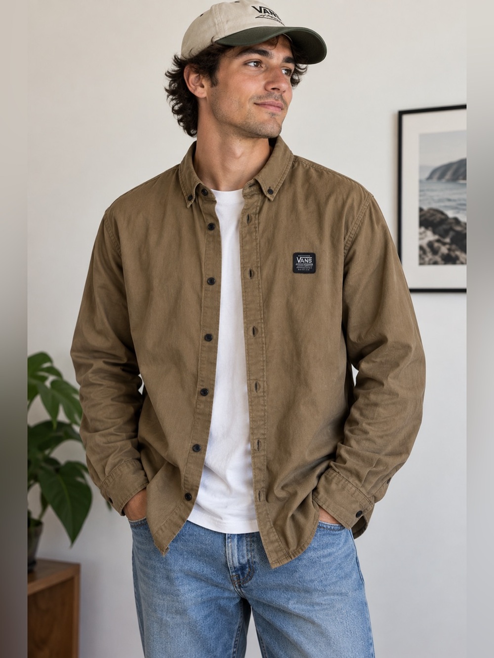 Vans Men’s Medium Khaki Brown Button Up Shirt Skate Workwear Long Sleeve